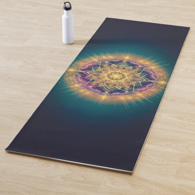 Tapis De Yoga Golden Mandala Glow on Teal – Spiritual Sacred (En situation)