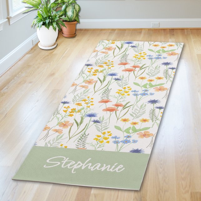 Tapis De Yoga Green Wildflower Watercolor Custom Name (Créateur téléchargé)