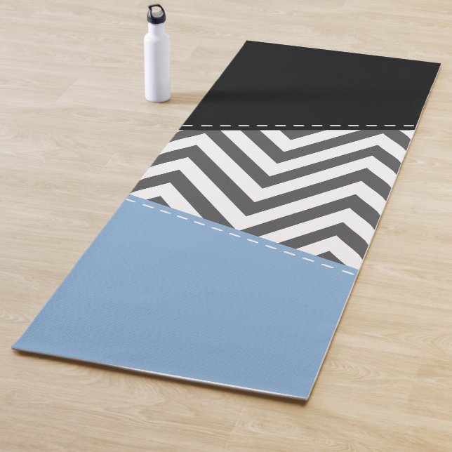 Tapis De Yoga Gris Zigzag, Gris Chevron, Motif Zigzag, Bleu (En situation)