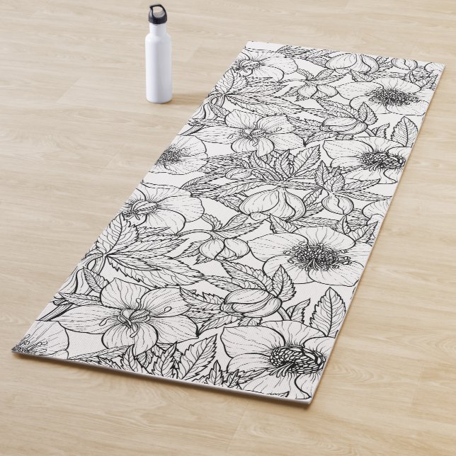 Tapis De Yoga Hellebores en noir et blanc (En situation)