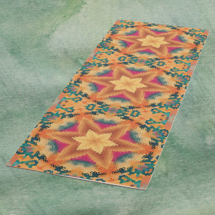 Tapis De Yoga Hex Mandala Bleu orange et rose