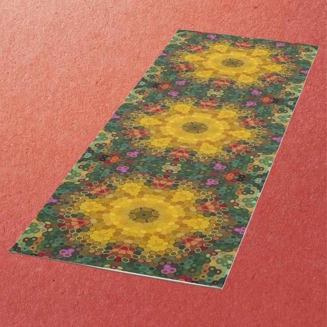 Tapis De Yoga Hex Mandala jaune vert et orange (Créateur téléchargé)