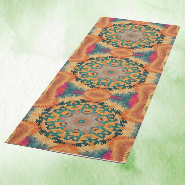 Tapis De Yoga Hex Mandala orange et bleu (Orange and Blue Hexagon Mandala Yoga Mat by Wormhole Orbital)