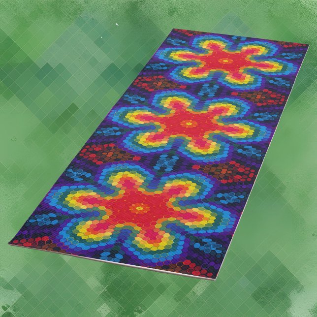 Tapis De Yoga Hex Mandala rouge jaune et bleu (Créateur téléchargé)