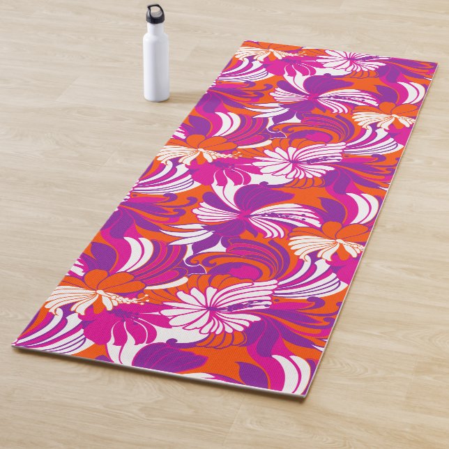 Tapis De Yoga Hibiscus Jungle Hawaiian Tropical Floral - Magenta (En situation)