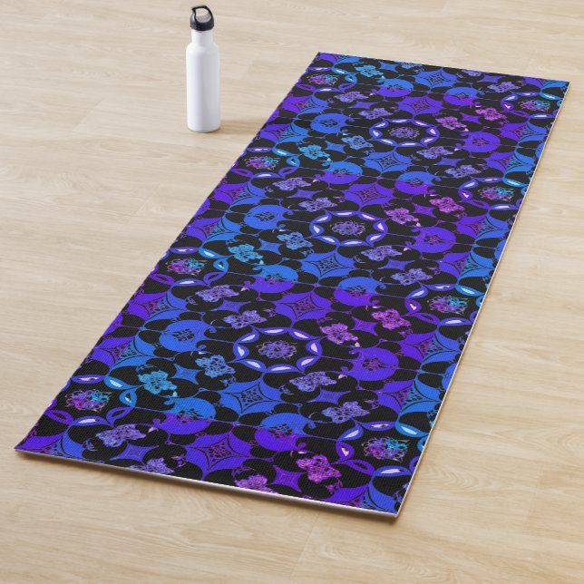 Tapis De Yoga Hippie Motif Rétro Bohème Bleu pourpre Noir (En situation)