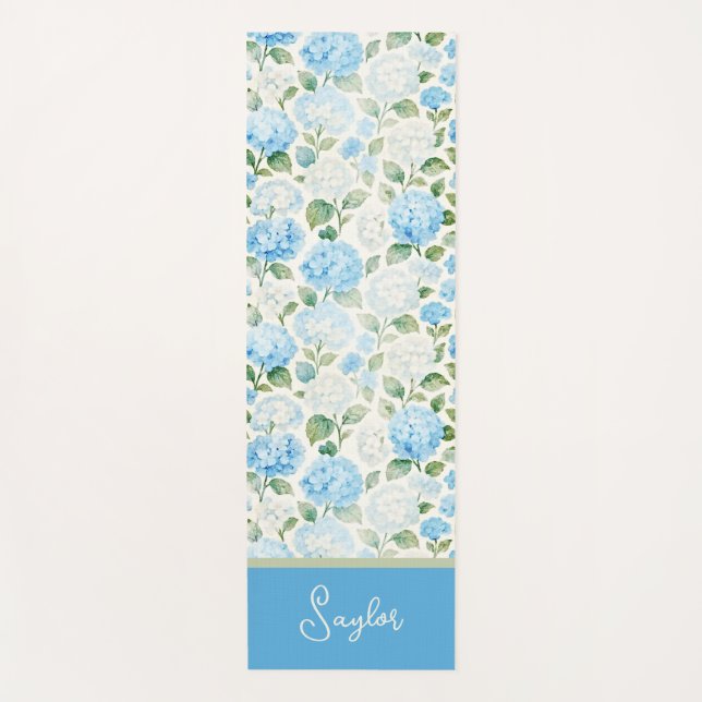 Tapis De Yoga Hydrangea Bleu Nom Floral Aquarelle (Devant)