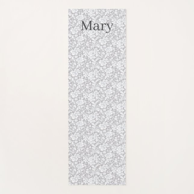 Tapis De Yoga Impression Florale Blanche Et Grise (Devant)