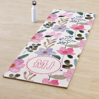 Tapis De Yoga Initiales de script rose floral personnalisées