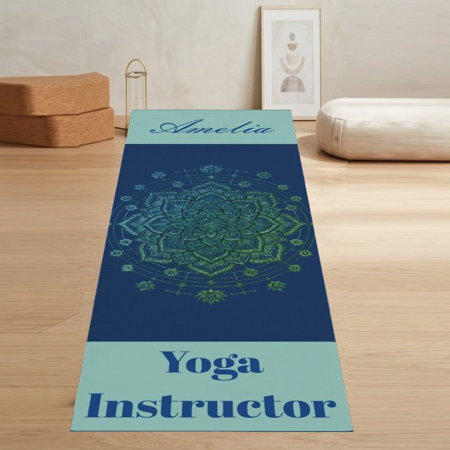 Tapis de yoga instructeur Mandala Lotus Saint Bleu (Navy Blue Teal Holy Lotus Mandala Yoga Instructor Mat)