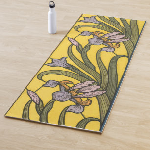 Tapis De Yoga Iris Fleur Art Nouveau Vitrail Bleu Or