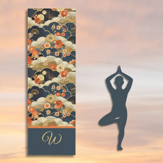 Tapis De Yoga Japanese Style Retro Teal Floral and Clouds Print