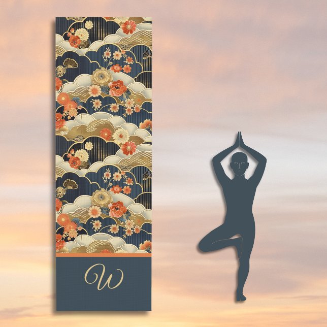 Tapis De Yoga Japanese Style Retro Teal Floral and Clouds Print (Créateur téléchargé)