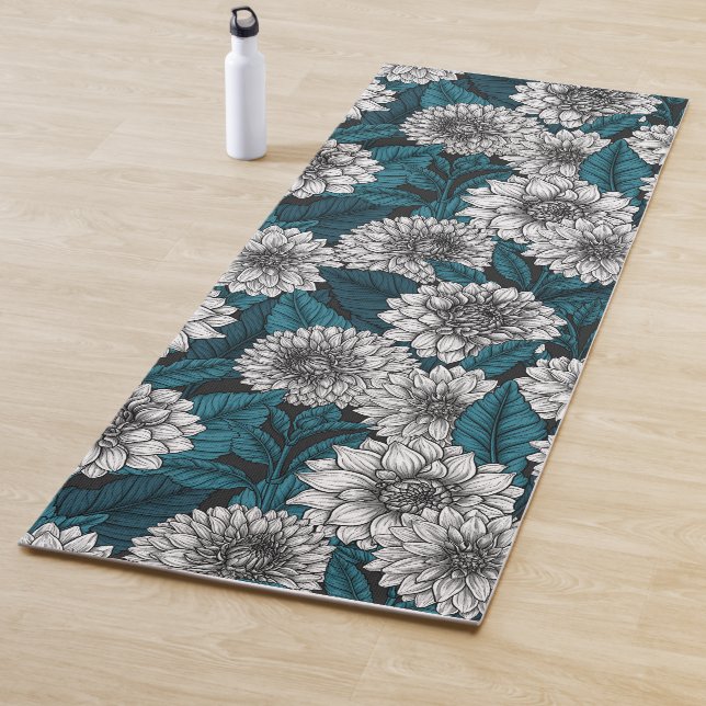 Tapis De Yoga Jardin blanc Dahlia / feuilles bleus 2 (En situation)