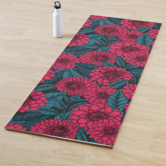 Tapis De Yoga Jardin de Dahlia Rouge/feuilles bleus (En situation)