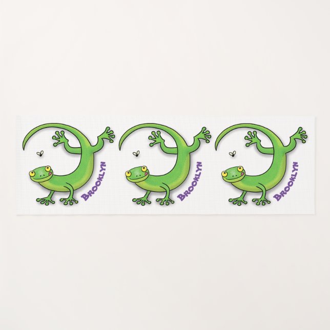 Tapis De Yoga Joli gecko vert salutations avec dessin animé (Devant (Horizontal))