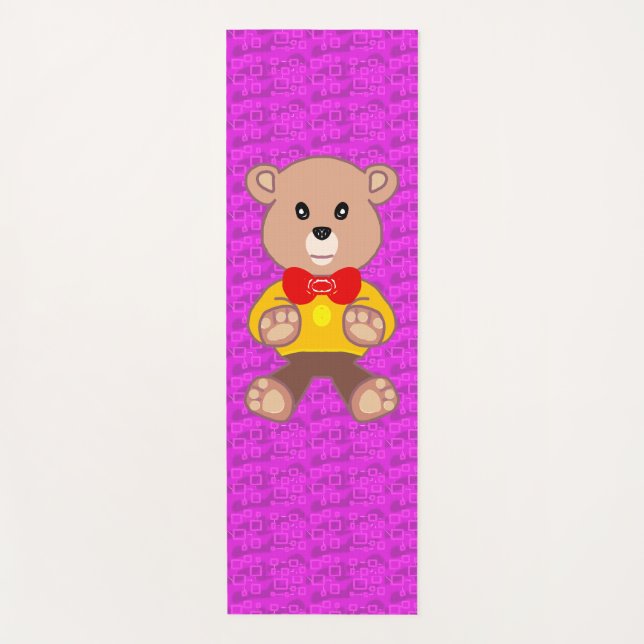 Tapis De Yoga Joli ours en peluche sur fond géométrique rose  (Devant)