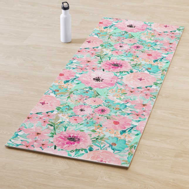 Tapis De Yoga Joli rose et menthe Floral aquarelle Peinture à la (En situation)