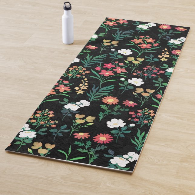 Tapis De Yoga Jolie aquarelle Floral Noir Botanique (En situation)