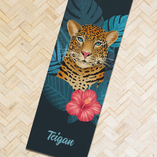 Tapis De Yoga Jolie jungle léopard Art Floral   Bleu   Nom
