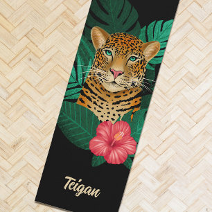 Tapis De Yoga Jolie jungle léopard Art Floral   Noir   Nom