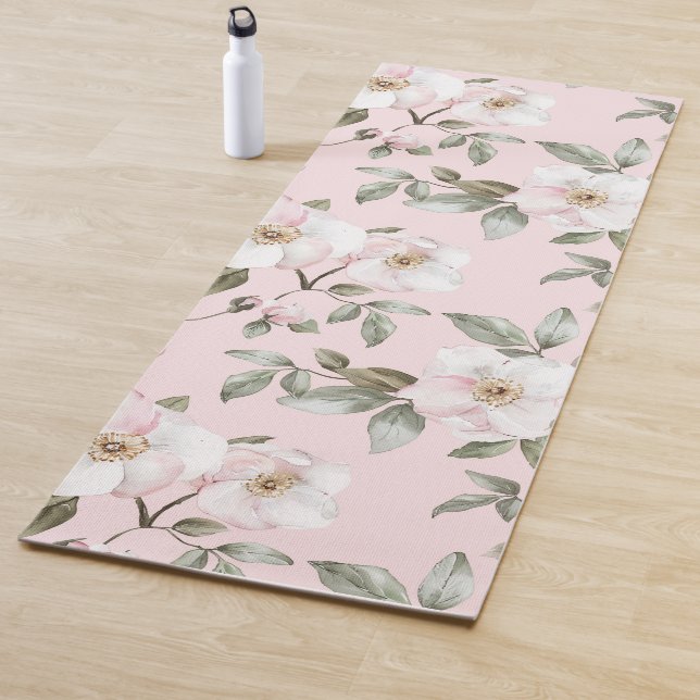 Tapis De Yoga Jolies fleurs roses et blanches   (En situation)