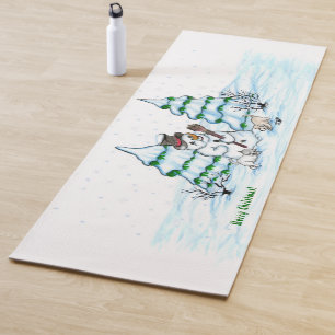 Tapis De Yoga Joyeux Noël ! Snowman avec chat et chiot