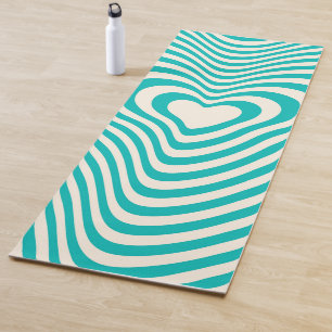 Tapis De Yoga Lignes Abstraites Coeurs en turquois et crème aux