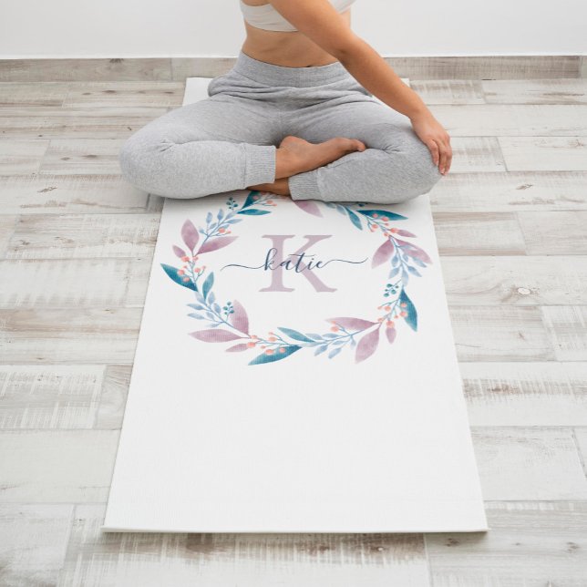Tapis De Yoga Lilac Aquarelle Florale Wreath Monogramme (Créateur téléchargé)