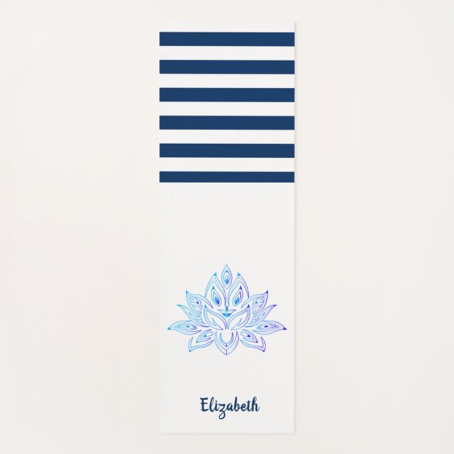 Tapis De Yoga Lotus Flower Navy Bleu Blanc rayé (Devant)