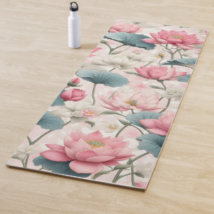 Tapis De Yoga Lotus romantique en rose, crème et vert tendre