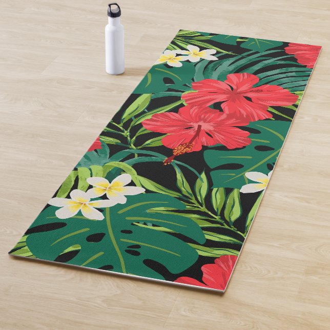 Tapis De Yoga Luna Hibiscus Garden Hawaiian - Noir et Rouge (En situation)