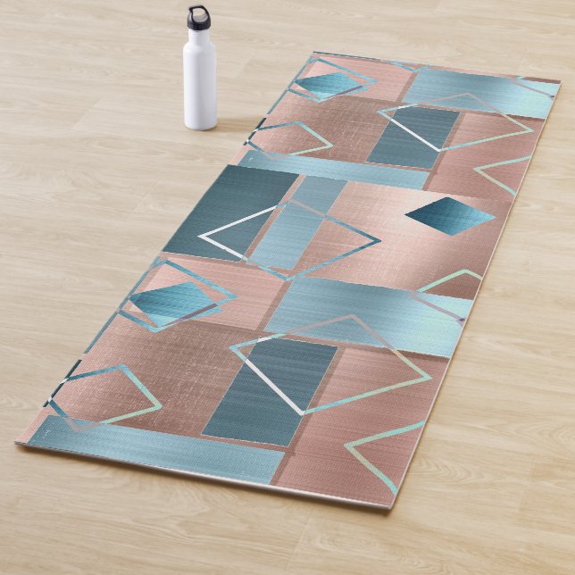 Tapis De Yoga Luxe Abstrait | Blush Rose Gold et Turquoise Géomé (En situation)