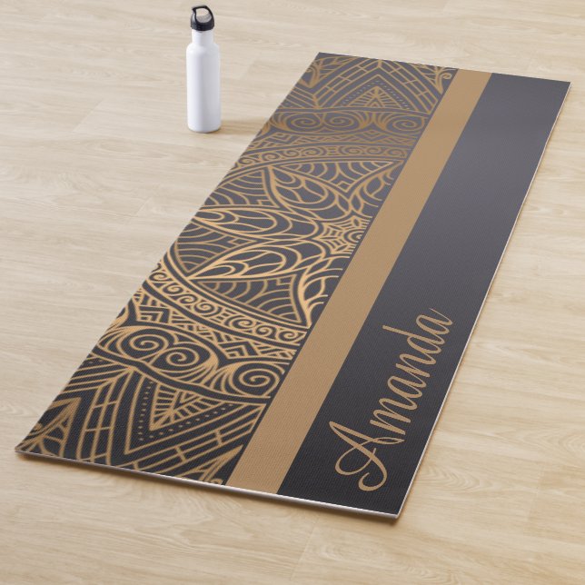 Tapis De Yoga Luxe Elegant Gold Noir Mandala Design Nom (En situation)