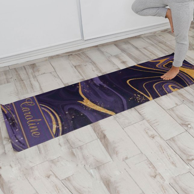 Tapis De Yoga Luxe Elegant Purple Gold Marble Effet Nom (Créateur téléchargé)