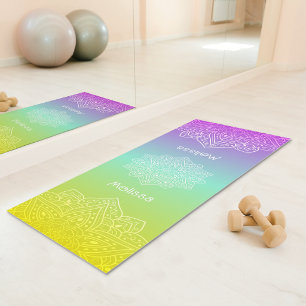 Tapis De Yoga Mandala avec nom dégradé arc-en-ciel turquoise iri