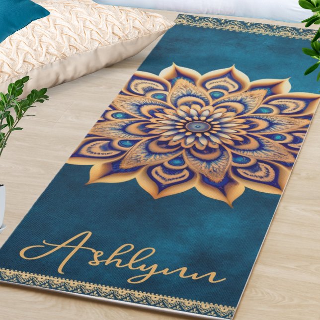 Tapis De Yoga Mandala bleu & or personnalisé Yogi à double face (Add your own name to personalize this elegant blue & gold mandala yoga mat. This mat is double sided)