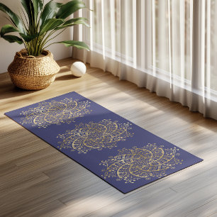 Tapis De Yoga Mandala doré bleu marine bohème