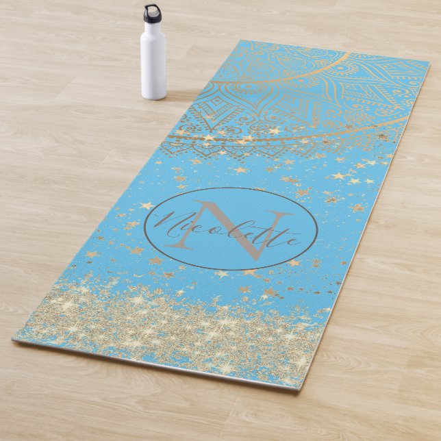 Tapis De Yoga Mandala envoûtant avec Gold Stars sur Turquoise (En situation)