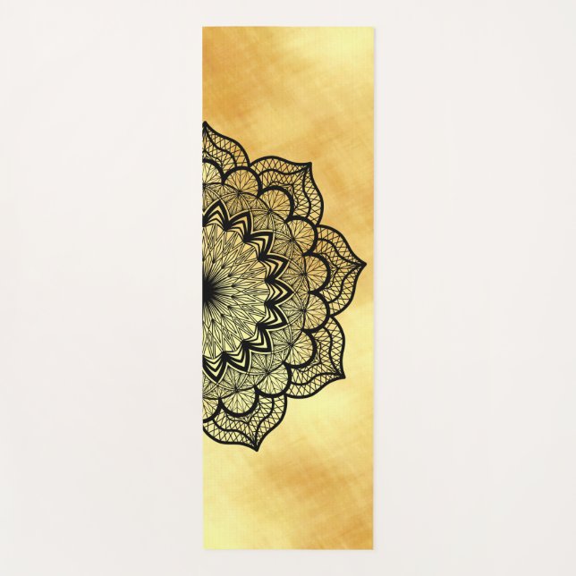 Tapis de Yoga Mandala Noir sur Fond Doré Doux (Devant)