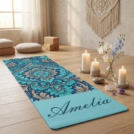 Tapis De Yoga Mandala Sacré Bleu Nuit Damassé Téâl Spiritualité