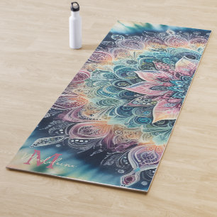 Tapis De Yoga Mandala Tie Dye Boho rose Aquarelle Nom Monogramme
