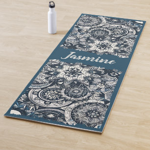 Tapis De Yoga Mandalas Bleu sarcelle et Blanc
