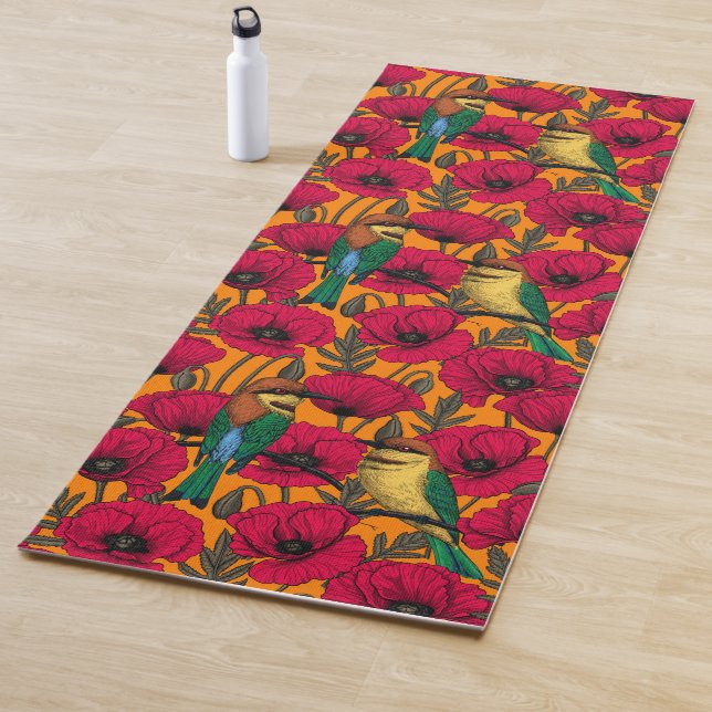 Tapis De Yoga Mangeurs d'abeilles et pavots sur orange (En situation)
