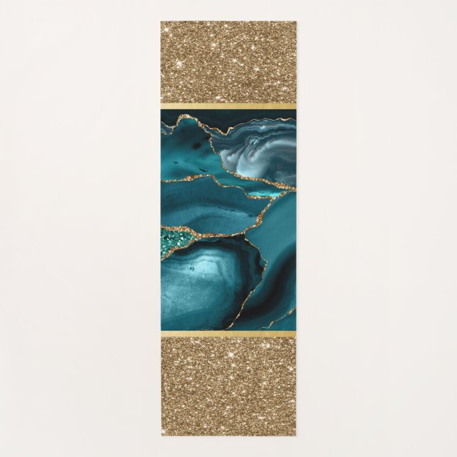 Tapis De Yoga Marbre Vert Émeraude Paillettes Dorées (Devant)