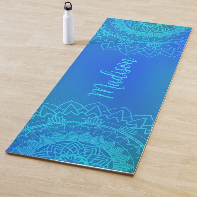 Tapis De Yoga Méditation du nom de Mandala bleu turquoise (En situation)