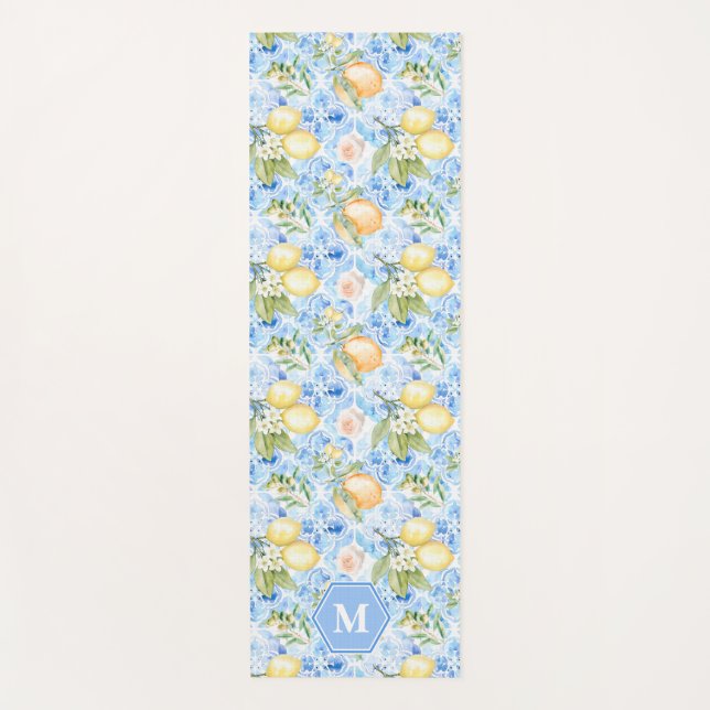 Tapis De Yoga Mediterranean Blue Tile Limoncello Monogram Name (Devant)