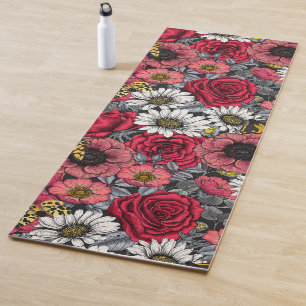 Tapis De Yoga Mélange de fleurs en rouge et gris