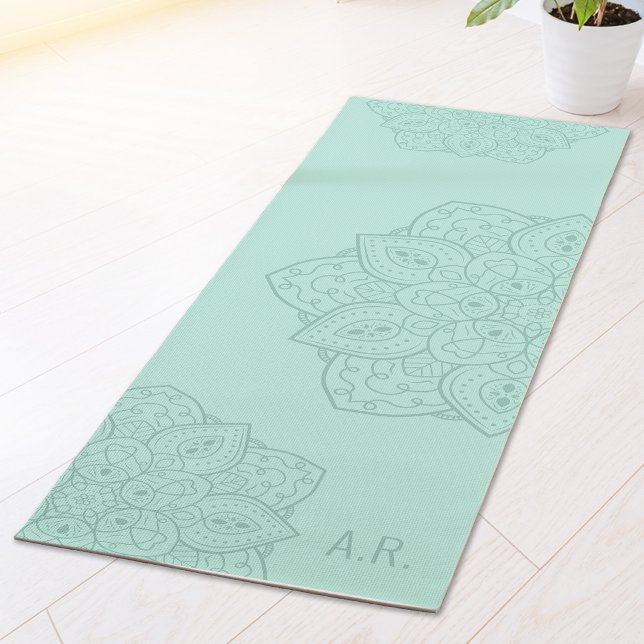 Tapis De Yoga Minty Teal Decorative Modern Mandala With Initials (Créateur téléchargé)