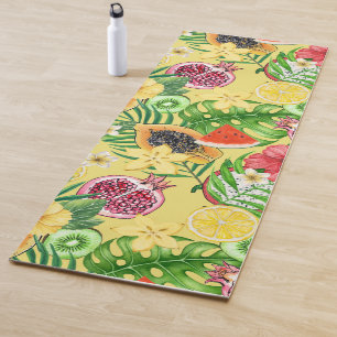 Tapis De Yoga Mix-fruit tropical, fleurs et feuilles sur jaune